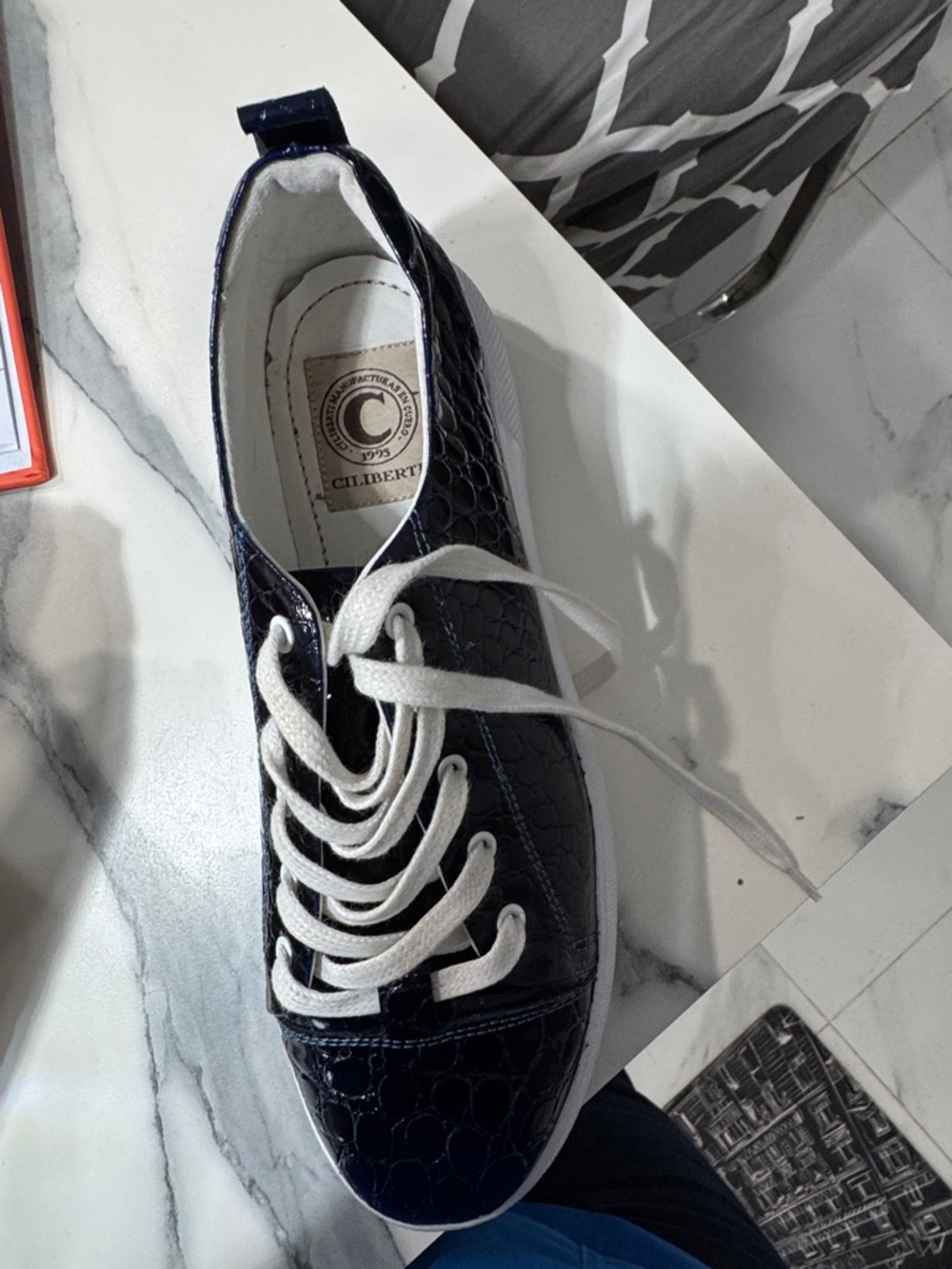 Navy Croc-Embossed Lace-Up Sneakers with White Laces